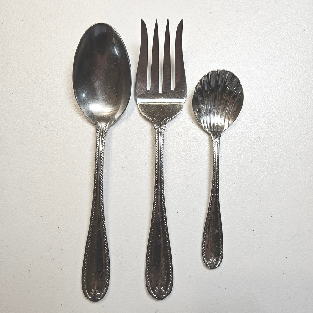 Lenox Tudor Bead-Augusta Stainless Flatware Serving Spoon Fork Rope Edge 3 Piece